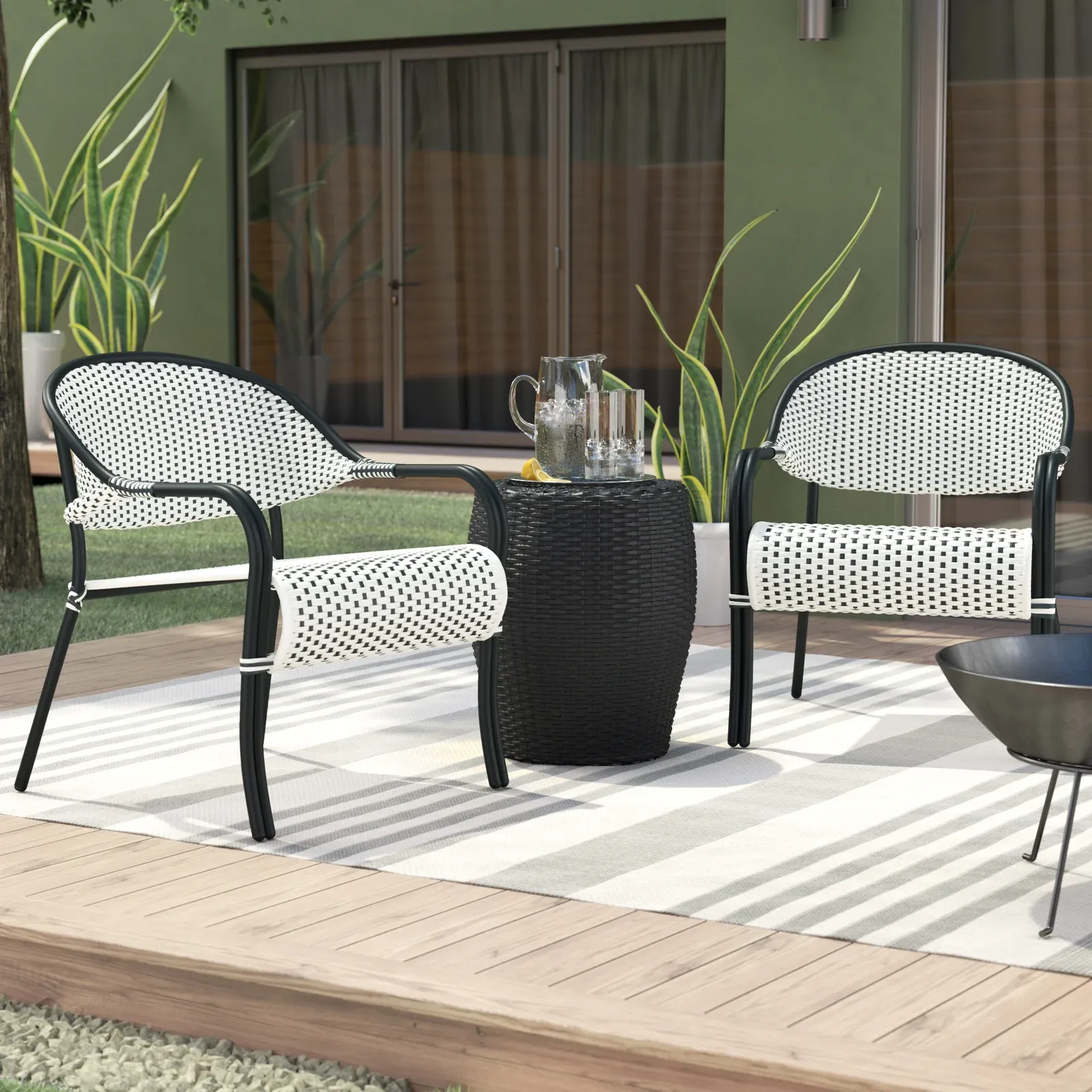 Shore Outdoor Patio Seating Set 2 Chairs and 1 Table Set (Black   White)